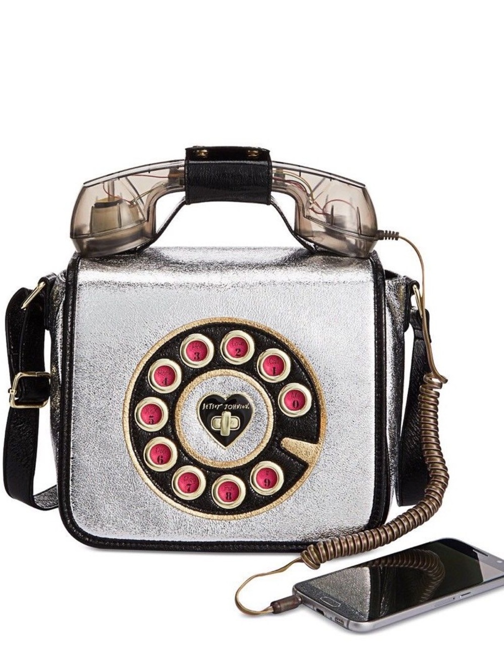 Betsey Johnson "Off the Hook" Retro Phone Silver Crossbody Bag - Picture 8 of 8